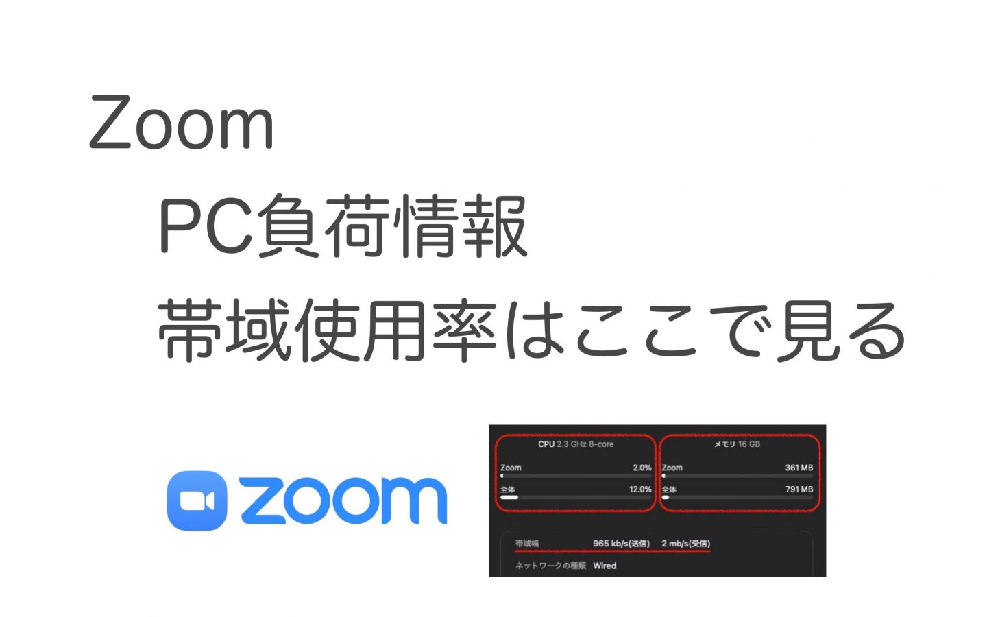 【Zoom】ネットワークの使用率と有線か無線か？ メモリ、CPUの負荷を調べる方法