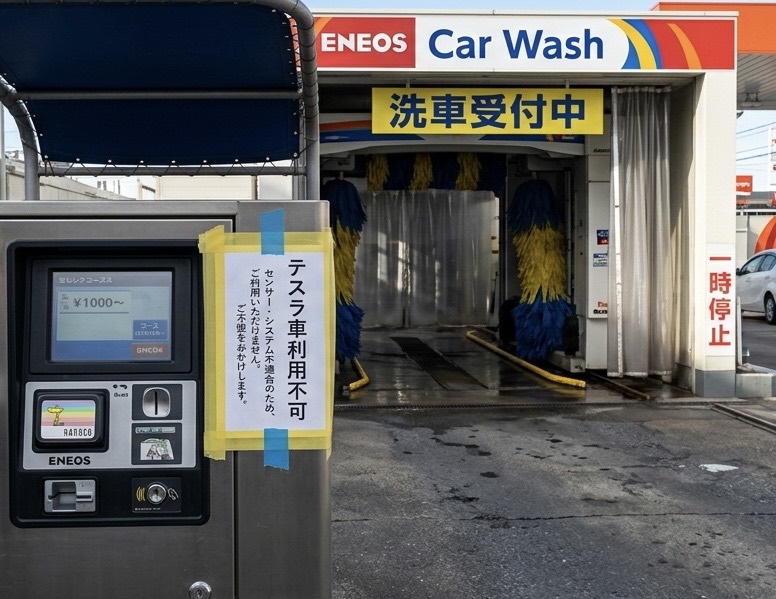 ガソリンスタンドの洗車機に掲示された「テスラ車利用不可」の張り紙